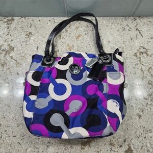 Coach Alex Op Art Purple/Grey/Blue Satin Patent Leather Tote Shoulder Bag